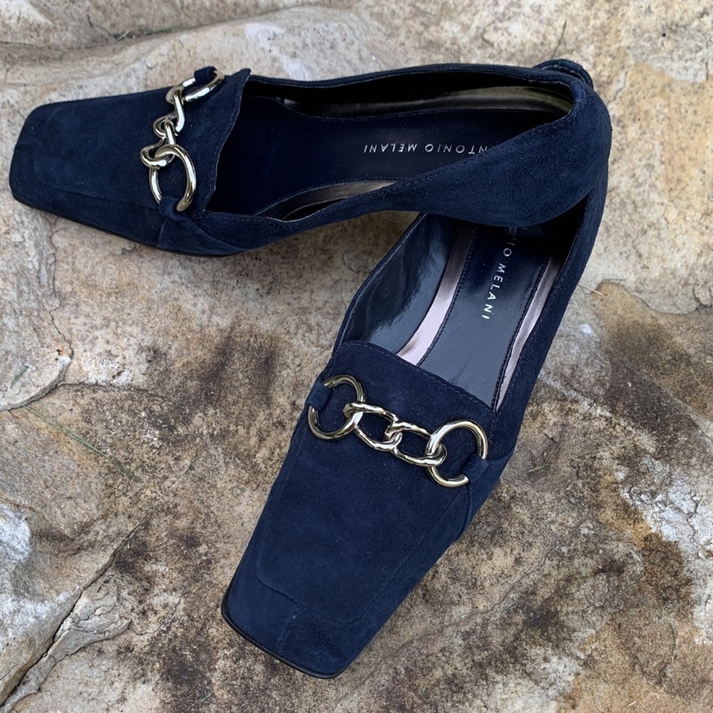 Antonio Melani blue suede slip on dress shoes thick chain link accent detail